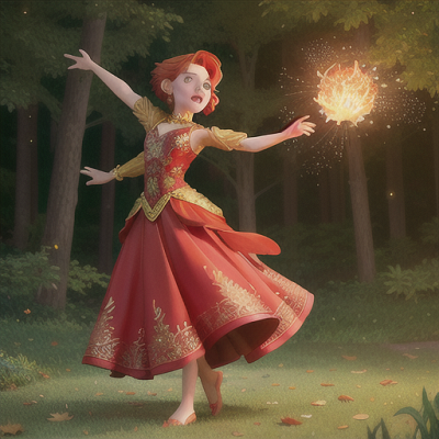 Image For Post Anime Art, Distraught magical dancer, fiery red hair twirling in the wind, amid a mesmerizing enchanted forest