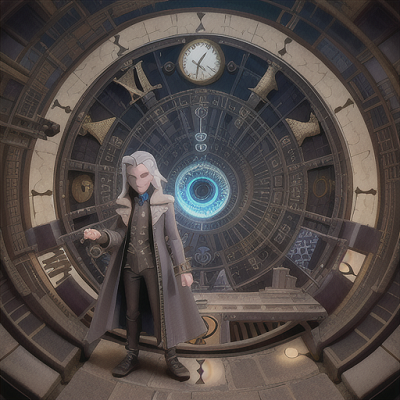 Image For Post Anime Art, Enigmatic time-traveler, silver hair and constantly shifting eyes, in a chaotic futuristic cityscape