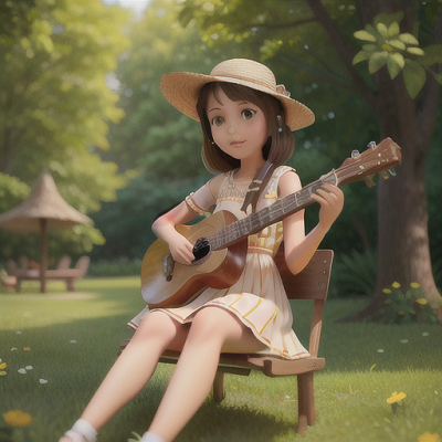 Image For Post Anime Art, Relaxed musician girl, brown hair with headphones, in a tranquil park setting