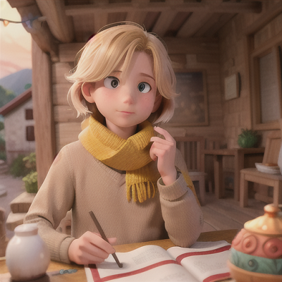 Image For Post Anime Art, Astute anthropologist boy, messy blond hair and a scarf, in a quaint mountain village