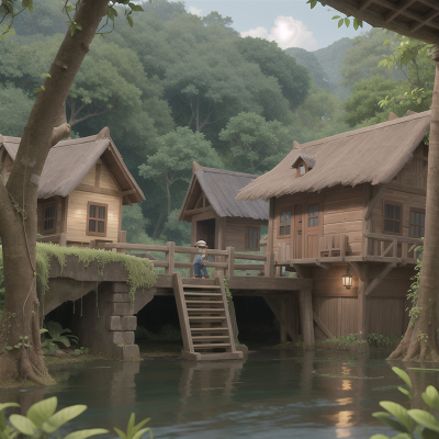 Image For Post Anime, hidden trapdoor, jungle, train, fish, village, HD, 4K, AI Generated Art