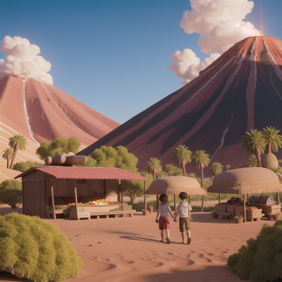 Image For Post Anime, volcano, desert oasis, romance, confusion, fruit market, HD, 4K, AI Generated Art