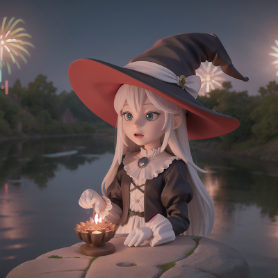 Image For Post Anime, witch, ghostly apparition, river, hat, fireworks, HD, 4K, AI Generated Art