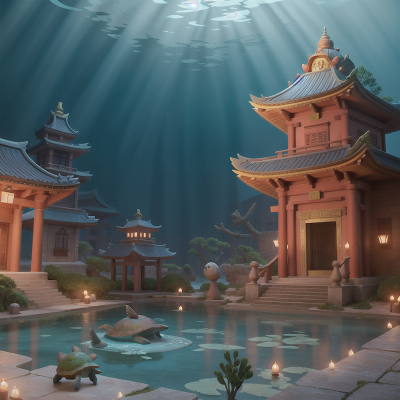 Image For Post Anime, romance, temple, underwater city, turtle, fox, HD, 4K, AI Generated Art