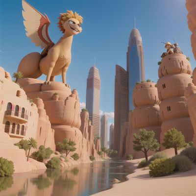 Image For Post Anime, desert oasis, river, skyscraper, firefighter, griffin, HD, 4K, AI Generated Art