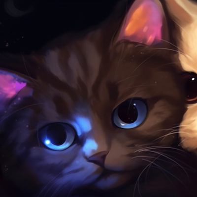 Image For Post | Two cat characters with mystical auras, dark colors and glowing eyes, back-to-back stance. matching cat pfp with artistic flair pfp for discord. - [matching cat pfp, aesthetic matching pfp ideas](https://hero.page/pfp/matching-cat-pfp-aesthetic-matching-pfp-ideas)