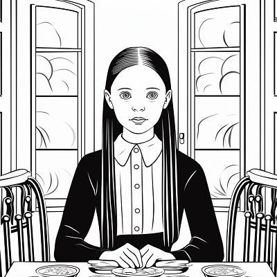 Image For Post | Wednesday Addams in a room full of ancestor portraits; multitude of detailed frames. printable coloring page, black and white, free download - [Wednesday Addams Coloring Pictures Pages ](https://hero.page/coloring/wednesday-addams-coloring-pictures-pages-fun-and-creative)
