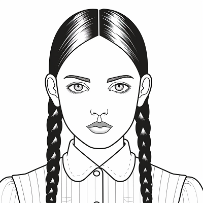 Image For Post | Wednesday Addams sporting pigtails; accented with bold lines and clean facial details. printable coloring page, black and white, free download - [Wednesday Addams Coloring Book Pages ](https://hero.page/coloring/wednesday-addams-coloring-book-pages-fun-coloring-for-all-ages)