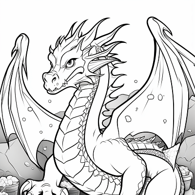 Image For Post | Realistic depiction of a dragon and its treasure; fine details on scales and treasure hoard.printable coloring page, black and white, free download - [Dragon Coloring Page ](https://hero.page/coloring/dragon-coloring-page-printable-and-creative-designs)
