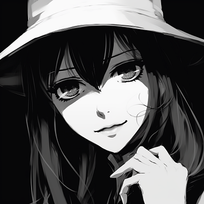 Image For Post | A female anime character dressed in classic gangster attire, strong black and white contrast. retro anime black and white pfp - [anime black and white pfp collection](https://hero.page/pfp/anime-black-and-white-pfp-collection)