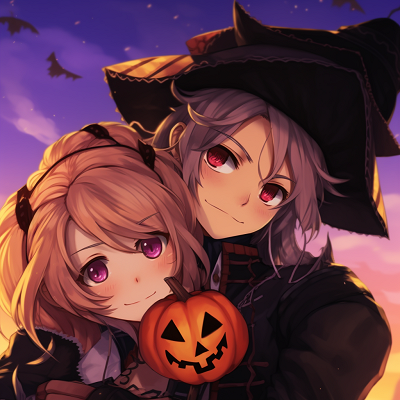 Image For Post | Anime couple affectionately embracing in Halloween-themed outfits, with detailed shading and vivid colors. halloween anime couple pfp - [Halloween Anime PFP Collection](https://hero.page/pfp/halloween-anime-pfp-collection)