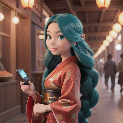 Image For Post Anime Art, Enigmatic time-traveler, long teal hair in an intricate braid, standing in a bustling Edo period marketplace