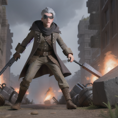 Image For Post Anime Art, Veteran time-traveling soldier, slick silver hair and eyepatch, navigating an apocalyptic battlefield