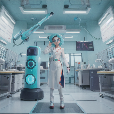 Image For Post Anime Art, Skilled bioengineer, turquoise hair and robotic arm, in a high-tech medical facility