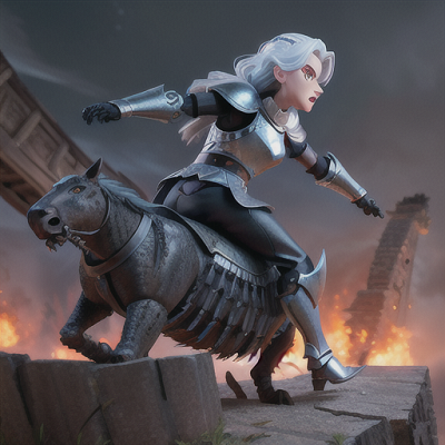 Image For Post Anime Art, Brave armored warrior, silver hair and piercing blue eyes, amid a fierce battle on a crumbling bridge