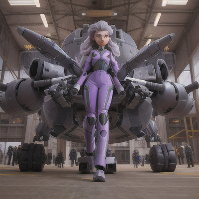 Image For Post Anime Art, Fearless mech pilot, intense silver eyes and perfectly coiffed lavender hair, in a crowded hangar preparing