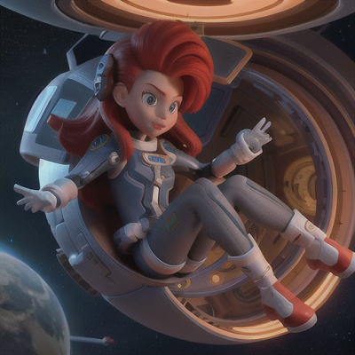 Image For Post Anime Art, Intrepid space explorer, scarlet hair flowing in zero gravity, inside a sprawling spaceship