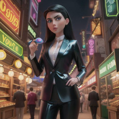 Image For Post Anime Art, Astute detective, sharp green eyes and slicked-back black hair, in a crowded neon-soaked bazaar