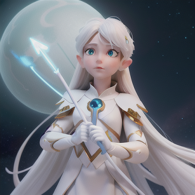 Image For Post Anime Art, Otherworldly archer, ethereal white hair with glowing eyes, in a serene celestial world resembling the night