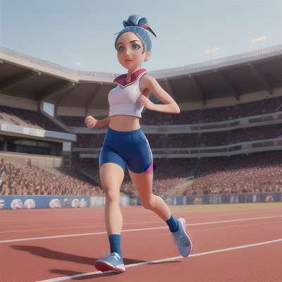 Image For Post Anime Art, Persevering athlete, blue hair tied back in a ribbon, on the starting line of a racing track