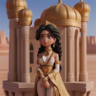 Image For Post Anime Art, Resolute desert princess, elegant black hair braided with gold, atop a palace balcony surveying her desert k