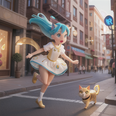 Image For Post Anime Art, Adventurous cat-eared girl, sea-blue hair and bright golden eyes, busy urban street