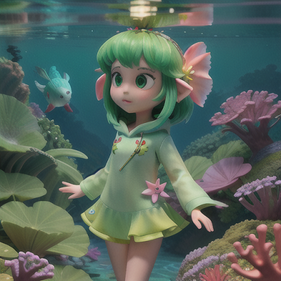 Image For Post Anime Art, Nature guardian girl, emerald hair adorned with flowers, in a tranquil underwater oasis