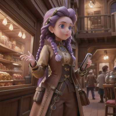 Image For Post Anime Art, Time-traveling steampunk girl, intricate braids in lavender hair, amidst an old-world marketplace