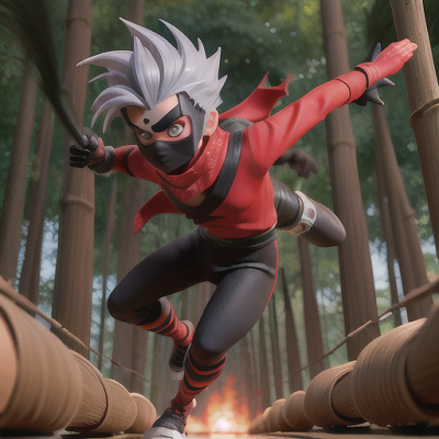 Image For Post Anime Art, Swift ninja protagonist, spiky silver hair with red streaks, racing through a dense bamboo forest