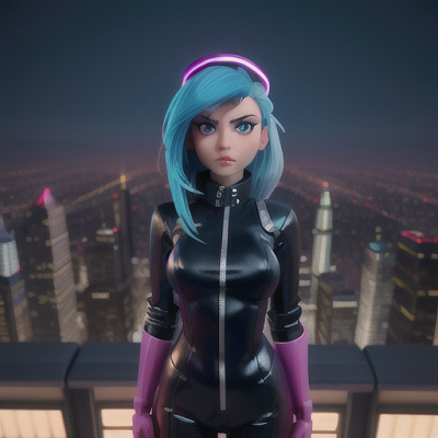 Image For Post Anime Art, Ice-cold femme fatale, sleek blue hair and piercing eyes, standing atop a skyscraper at midnight
