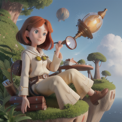 Image For Post Anime Art, Undiscovered world cartographer, auburn hair and a magnifying glass, atop a tranquil floating island