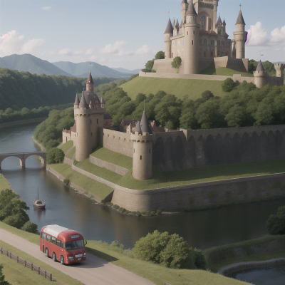Image For Post Anime, medieval castle, chimera, bus, bicycle, river, HD, 4K, AI Generated Art