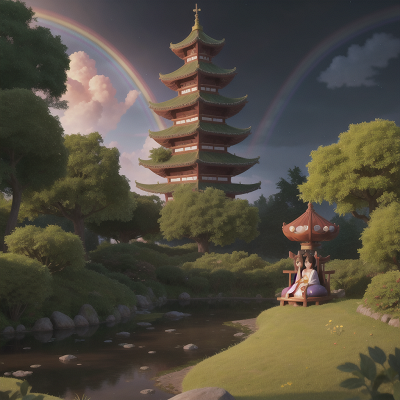 Image For Post Anime, enchanted forest, geisha, rainbow, tower, spaceship, HD, 4K, AI Generated Art