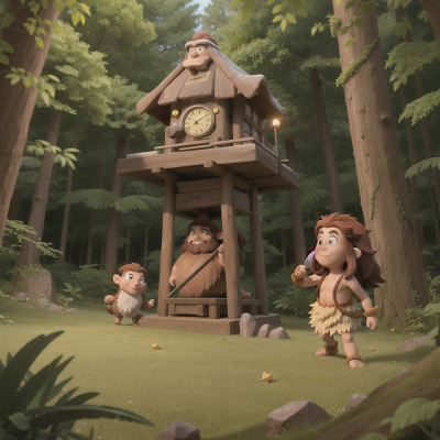 Image For Post Anime, cavemen, forest, treasure, stars, clock, HD, 4K, AI Generated Art