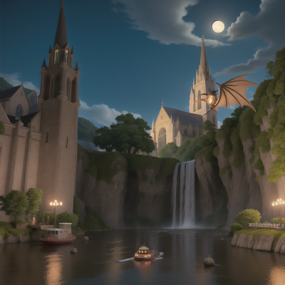 Image For Post Anime, cathedral, dragon, moonlight, hovercraft, waterfall, HD, 4K, AI Generated Art