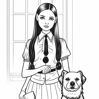 Image For Post | A solo pose of Wednesday Addams with her pet; emphasizing the gothic and morbid elements. printable coloring page, black and white, free download - [Wednesday Addams Coloring Pictures Pages ](https://hero.page/coloring/wednesday-addams-coloring-pictures-pages-fun-and-creative)