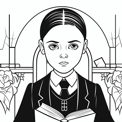 Image For Post | Wednesday Addams engrossed in a book; clear lines and detailed hair strands. printable coloring page, black and white, free download - [Wednesday Addams Coloring Book Pages ](https://hero.page/coloring/wednesday-addams-coloring-book-pages-fun-coloring-for-all-ages)