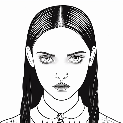 Image For Post | Vignette of Wednesday Addams; fine pencil lines, detail focused on her facial expression and hairstyle. printable coloring page, black and white, free download - [Wednesday Addams Coloring Pages ](https://hero.page/coloring/wednesday-addams-coloring-pages-kids-and-adult-relaxation)