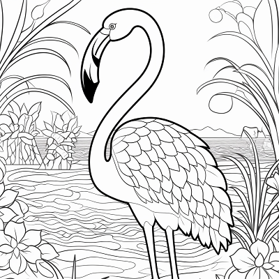 Image For Post | A standing flamingo surrounded by tropical plants; emphasis on the bird's features.printable coloring page, black and white, free download - [Bird Coloring Pages ](https://hero.page/coloring/bird-coloring-pages-free-printable-creative-sheets)