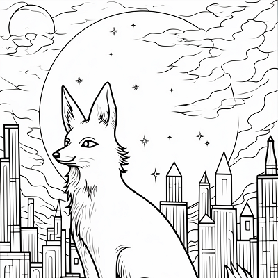 Image For Post | Nighttime scene of a fox and a full moon; prominent focus on celestial motifs.printable coloring page, black and white, free download - [Fox Coloring Pages ](https://hero.page/coloring/fox-coloring-pages-artistic-printable-and-fun-designs)
