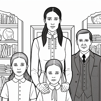 Image For Post | The Addams family portrait with Wednesday at the center; fine detailing capturing character features. printable coloring page, black and white, free download - [Wednesday Addams Coloring Pictures Pages ](https://hero.page/coloring/wednesday-addams-coloring-pictures-pages-fun-and-creative)