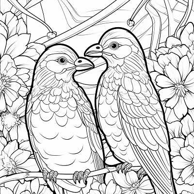 Image For Post | Two birds amid a variety of plants and flowers; intricate leaf and petal designs.printable coloring page, black and white, free download - [Valentines Day Coloring Pages ](https://hero.page/coloring/valentines-day-coloring-pages-printable-fun-kids-love)