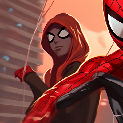 Image For Post | Spiderman and Gwen, interlocking gazes with comic style exaggeration, vivid city background. spiderman and gwen matching pfp pfp for discord. - [matching spiderman pfp, aesthetic matching pfp ideas](https://hero.page/pfp/matching-spiderman-pfp-aesthetic-matching-pfp-ideas)