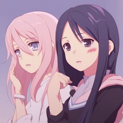 Image For Post | Ino and Sakura's matching ninja attires from the Naruto series, sharp lines and warm colors. ideal matching anime pfp for best friends - female - [Matching Anime PFP Best Friends Collection](https://hero.page/pfp/matching-anime-pfp-best-friends-collection)