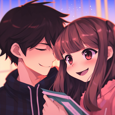 Image For Post | Scene showcasing couple's joyful interaction, detailed expressions and bold lines. comedic couple anime pfp - [Couple Anime PFP Themes](https://hero.page/pfp/couple-anime-pfp-themes)