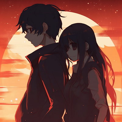 Image For Post | Silhouettes of an anime couple side by side, with warm tones and minimalistic approach. apart yet together: unique matching anime pfp for long-distance couples - [Boosted Selection of Matching Anime PFP for Couples](https://hero.page/pfp/boosted-selection-of-matching-anime-pfp-for-couples)