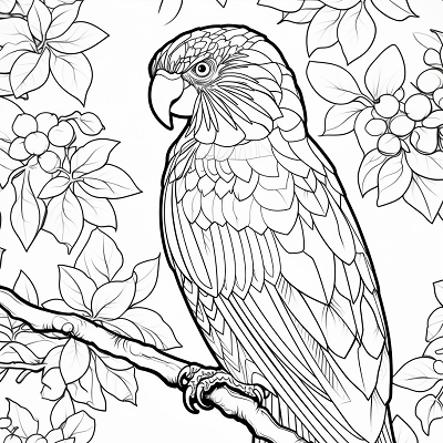 Image For Post | A tropical parrot perched on a tree branch; detailed outlines.printable coloring page, black and white, free download - [Bird Coloring Pages ](https://hero.page/coloring/bird-coloring-pages-free-printable-creative-sheets)