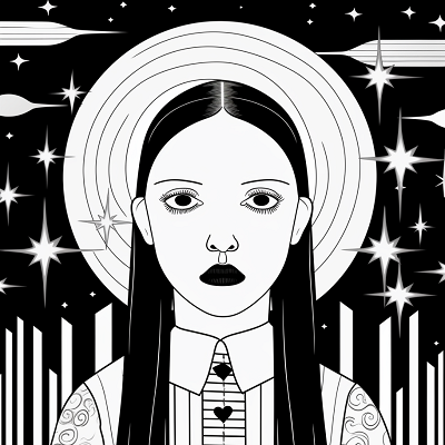 Image For Post | Wednesday Addams casting a spell in a magical environment; a mystical aura and elaborate symbolic details around her. printable coloring page, black and white, free download - [Wednesday Addams Coloring Book Pages ](https://hero.page/coloring/wednesday-addams-coloring-book-pages-fun-coloring-for-all-ages)