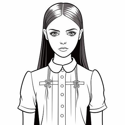 Image For Post | Wednesday Addams in her iconic black dress; detailed lines and careful shading. printable coloring page, black and white, free download - [Wednesday Addams Coloring Pictures Pages ](https://hero.page/coloring/wednesday-addams-coloring-pictures-pages-fun-and-creative)