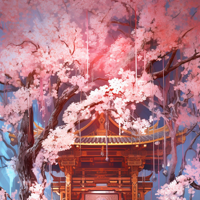 Image For Post | The bloom of sakuras at a shrine, intricately detailed in anime style. phone art wallpaper - [Sacred Shrines Anime Art Wallpapers: HD Manga, Epic Fan Art](https://hero.page/wallpapers/sacred-shrines-anime-art-wallpapers:-hd-manga-epic-fan-art)